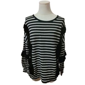 Crown & Ivy Velvet Soft Black White Ruffled Striped Sweater Size Large Petite